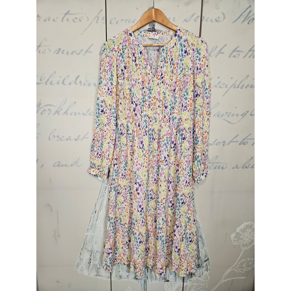 J. Jill Pintucked Dobby Dress S White Floral Boho Cottagecore Spring Long Sleeve